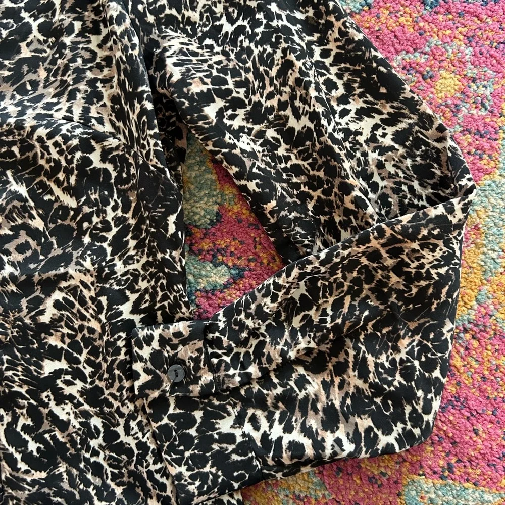 Avec Les Filles | Women’s Black/Tan Long-Sleeve Leopard Print Shirt Dress Size M